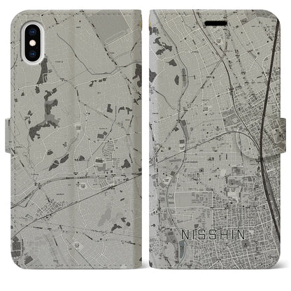 【日進（埼玉県）】地図柄iPhoneケース（手帳タイプ）モノトーン・iPhone XS Max 用