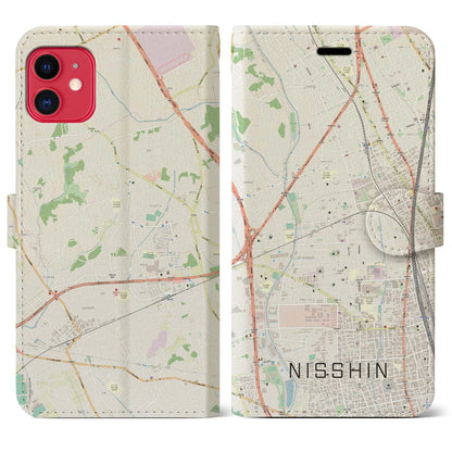【日進（埼玉県）】地図柄iPhoneケース（手帳タイプ）ナチュラル・iPhone 11 用