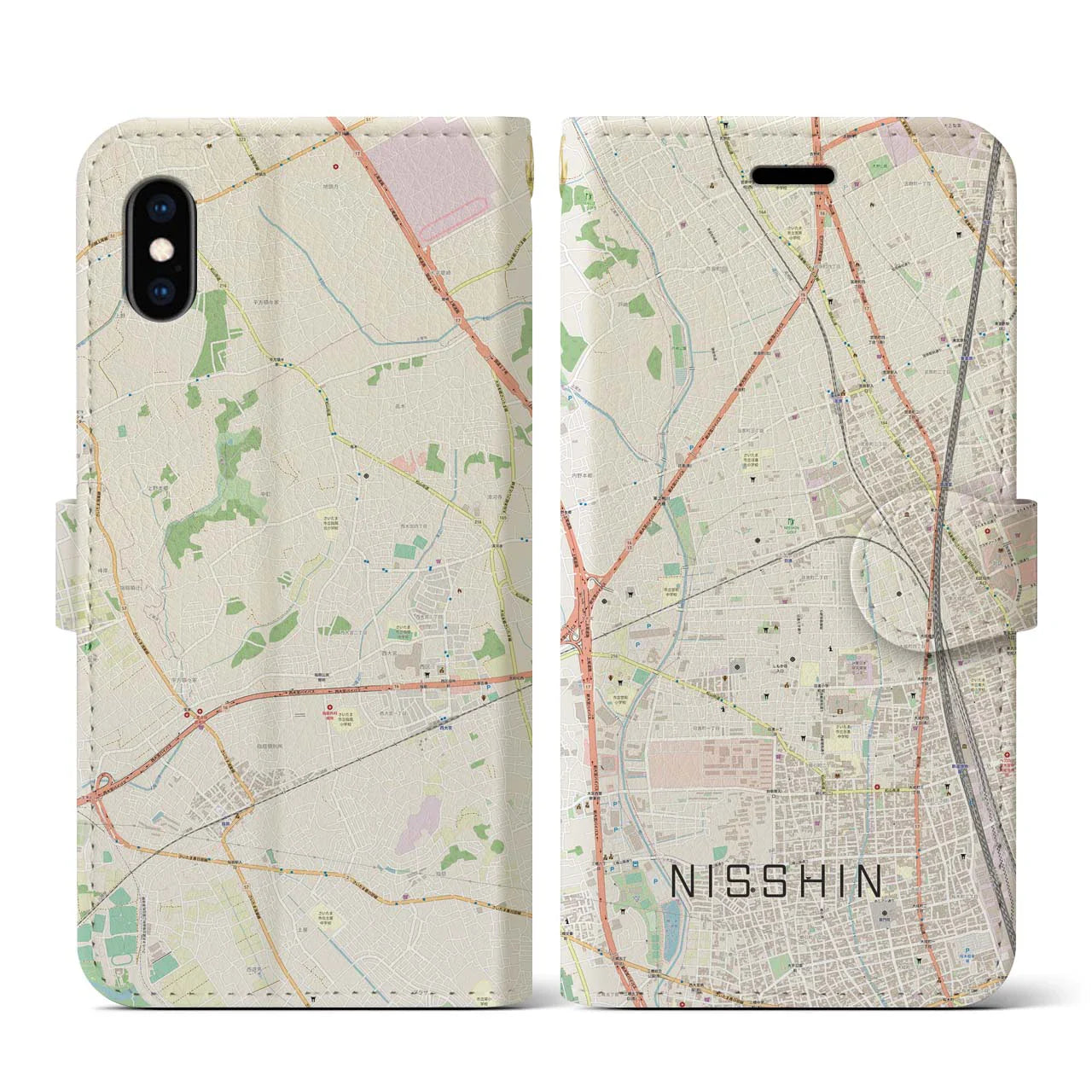 【日進（埼玉県）】地図柄iPhoneケース（手帳タイプ）ナチュラル・iPhone XS / X 用