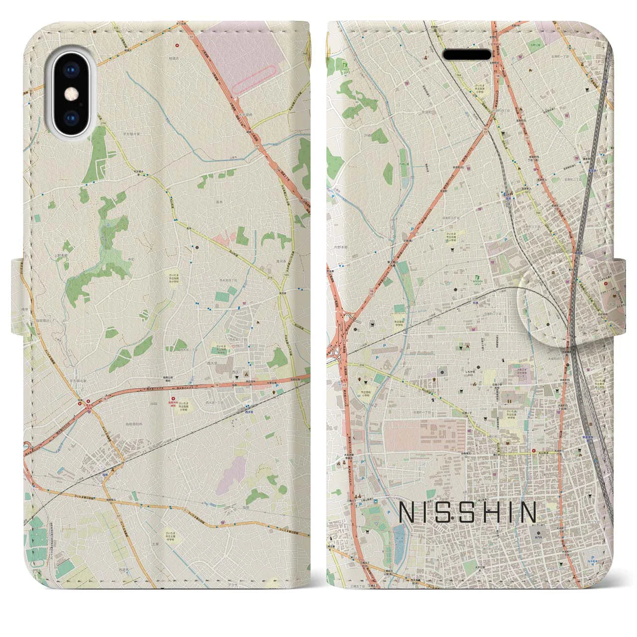 【日進（埼玉県）】地図柄iPhoneケース（手帳タイプ）ナチュラル・iPhone XS Max 用