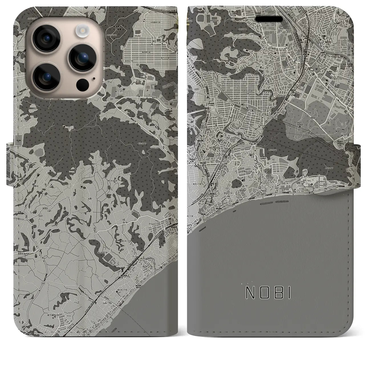 【野比（神奈川県）】地図柄iPhoneケース（手帳タイプ）モノトーン・iPhone 16 Plus 用