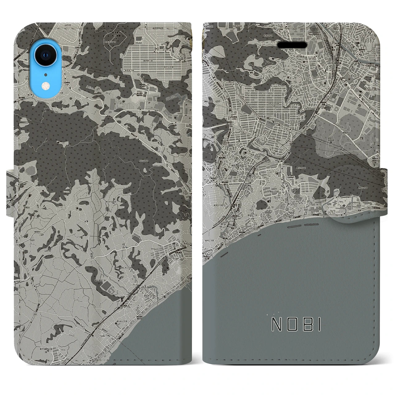 【野比】地図柄iPhoneケース（手帳両面タイプ・モノトーン）iPhone XR 用
