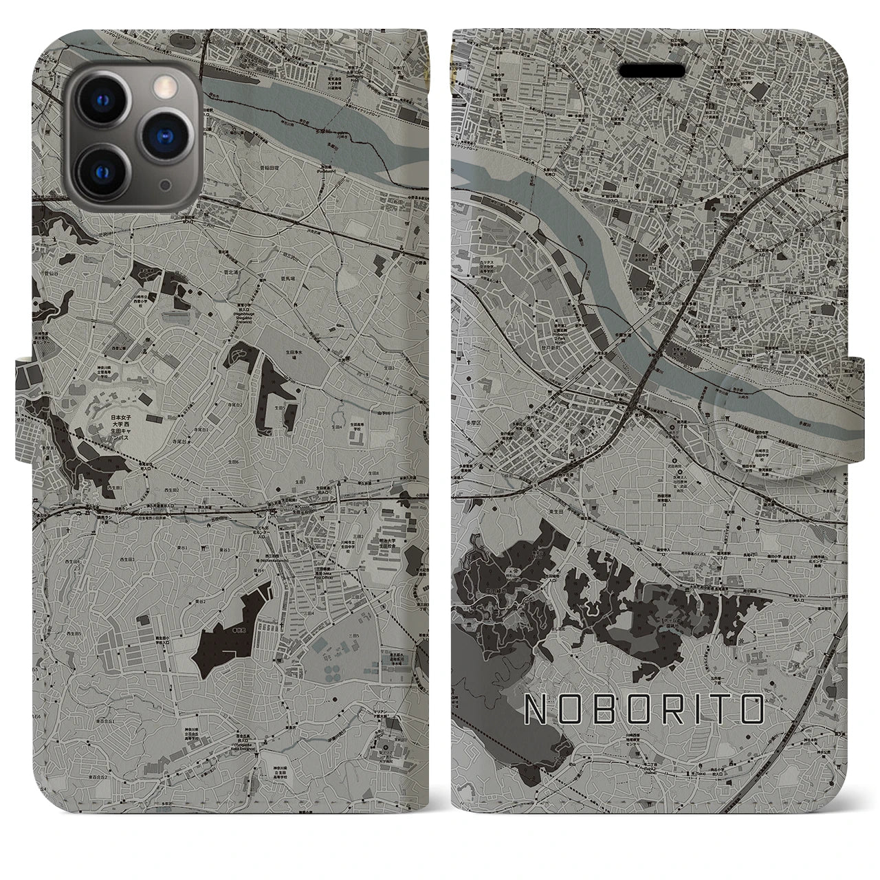 【登戸】地図柄iPhoneケース（手帳両面タイプ・モノトーン）iPhone 11 Pro Max 用