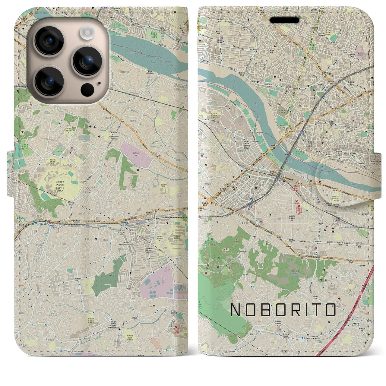 【登戸（神奈川県）】地図柄iPhoneケース（手帳タイプ）ナチュラル・iPhone 16 Plus 用