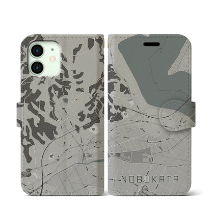 【延方（茨城県）】地図柄iPhoneケース（手帳タイプ）モノトーン・iPhone 12 mini 用