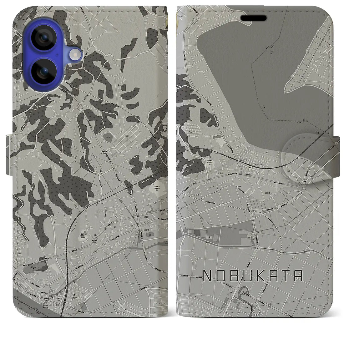 【延方(茨城県)】地図柄iPhoneケース(手帳タイプ)モノトーン・iPhone 16 Pro Max 用