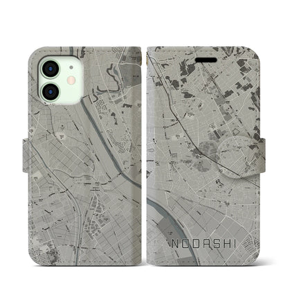 【野田市（千葉県）】地図柄iPhoneケース（手帳タイプ）モノトーン・iPhone 12 mini 用
