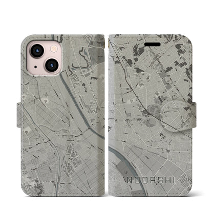 【野田市（千葉県）】地図柄iPhoneケース（手帳タイプ）モノトーン・iPhone 13 mini 用