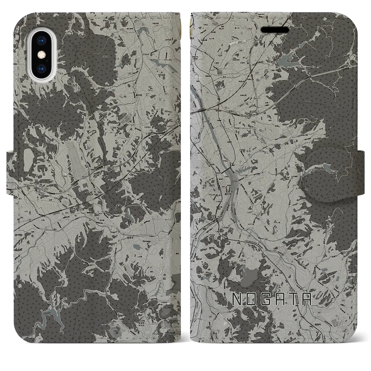 【直方（福岡県）】地図柄iPhoneケース（手帳タイプ）モノトーン・iPhone XS Max 用