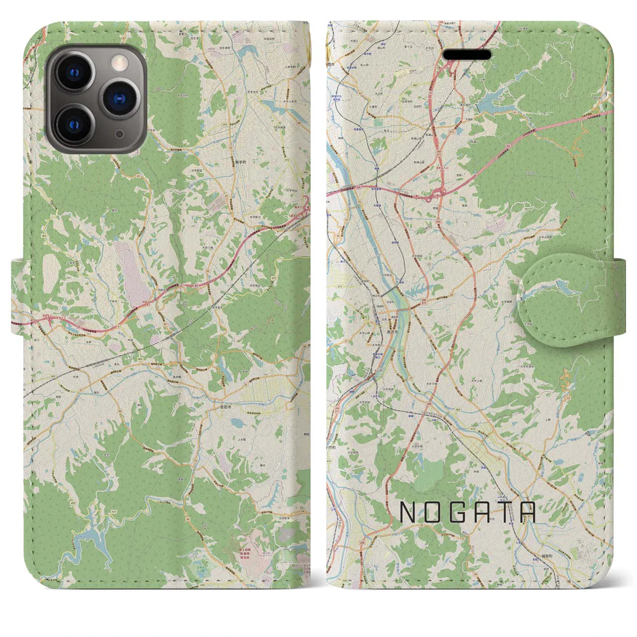 【直方（福岡県）】地図柄iPhoneケース（手帳タイプ）ナチュラル・iPhone 11 Pro Max 用