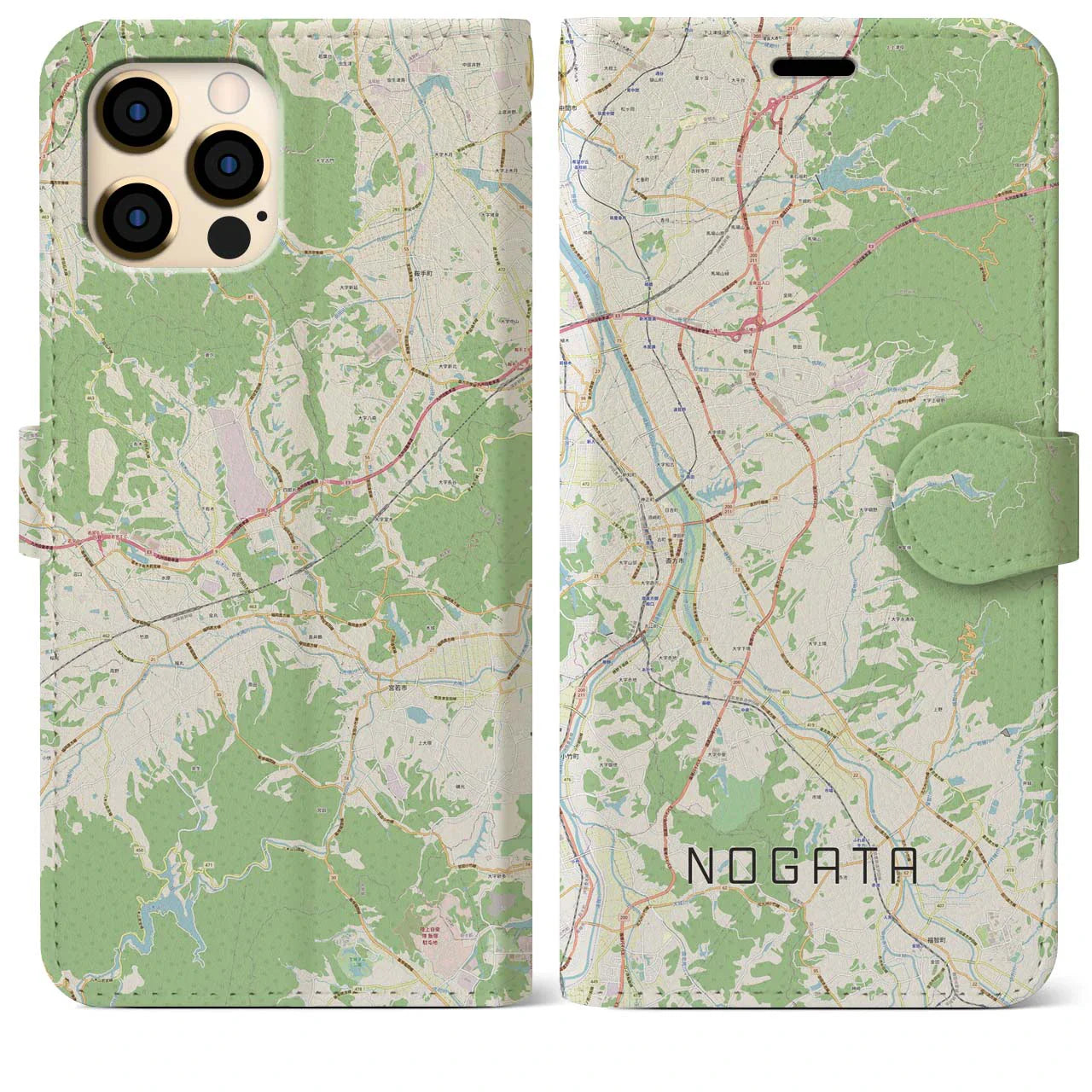 【直方（福岡県）】地図柄iPhoneケース（手帳タイプ）ナチュラル・iPhone 12 Pro Max 用