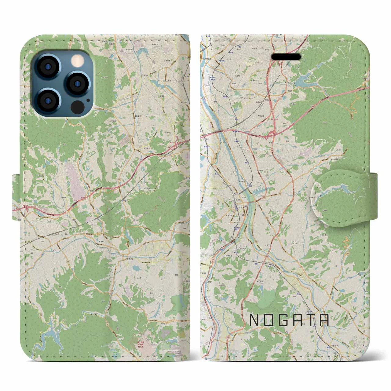 【直方（福岡県）】地図柄iPhoneケース（手帳タイプ）ナチュラル・iPhone 12 / 12 Pro 用