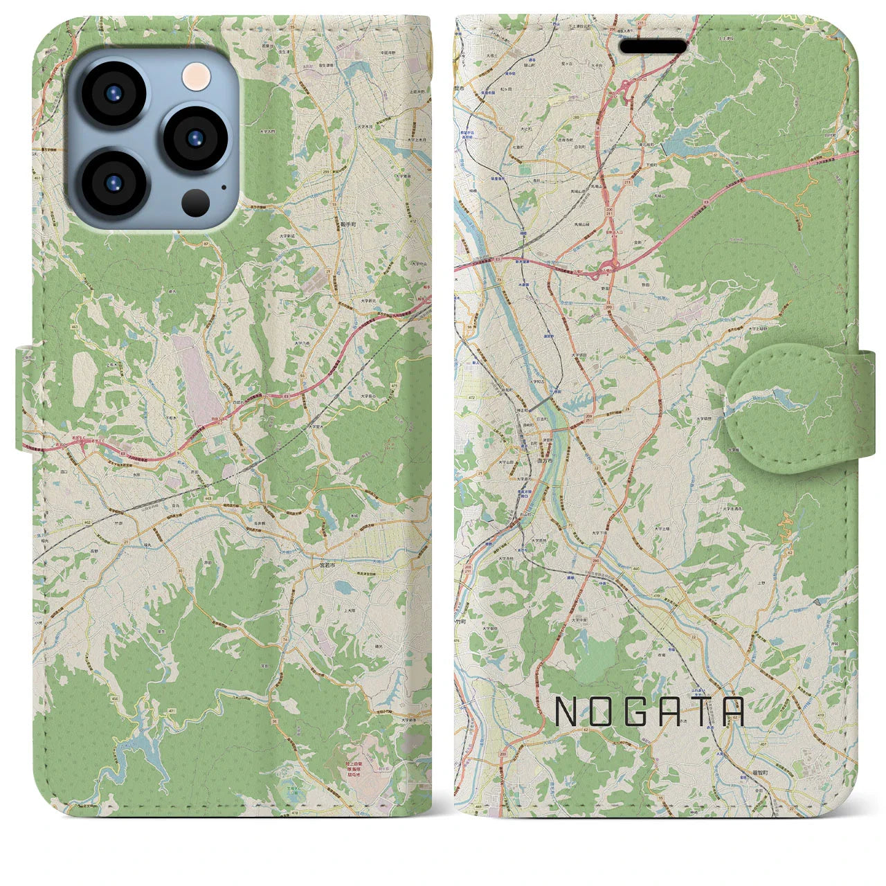 【直方（福岡県）】地図柄iPhoneケース（手帳タイプ）ナチュラル・iPhone 13 Pro Max 用