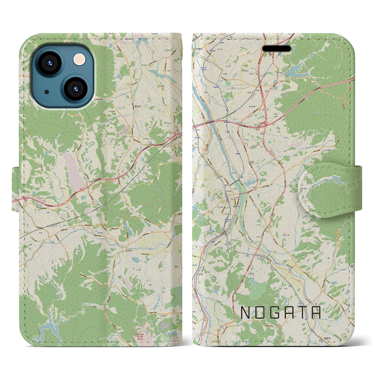 【直方（福岡県）】地図柄iPhoneケース（手帳タイプ）ナチュラル・iPhone 13 用