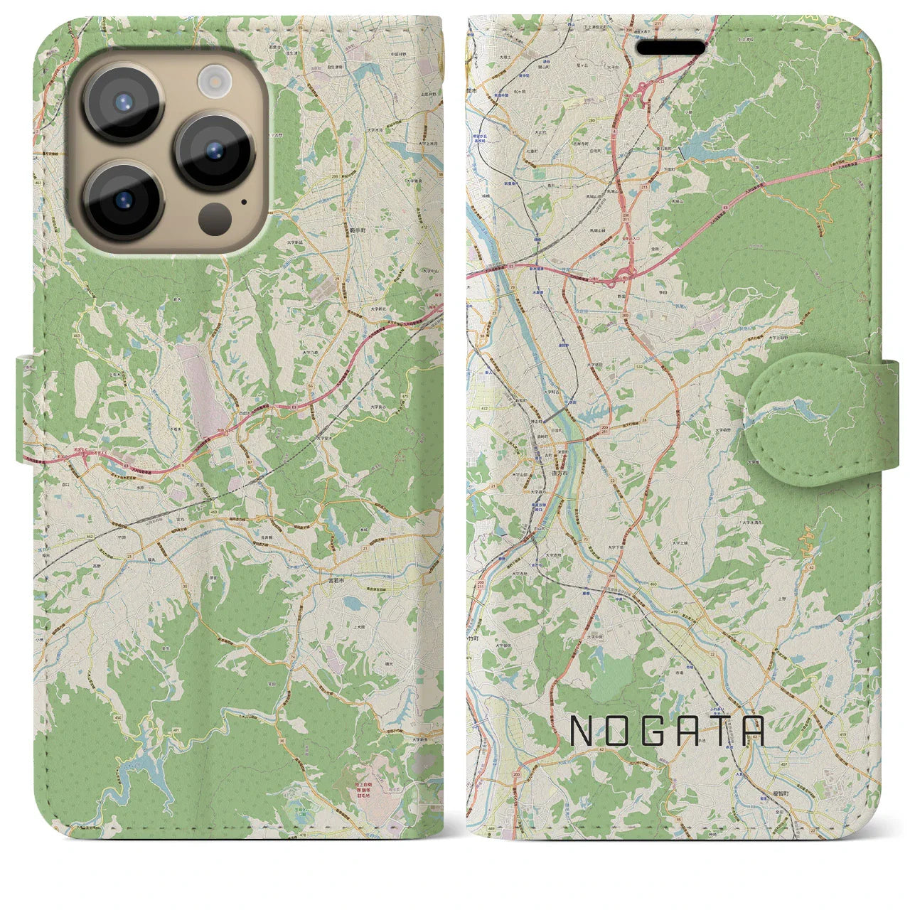 【直方（福岡県）】地図柄iPhoneケース（手帳タイプ）ナチュラル・iPhone 14 Pro Max 用