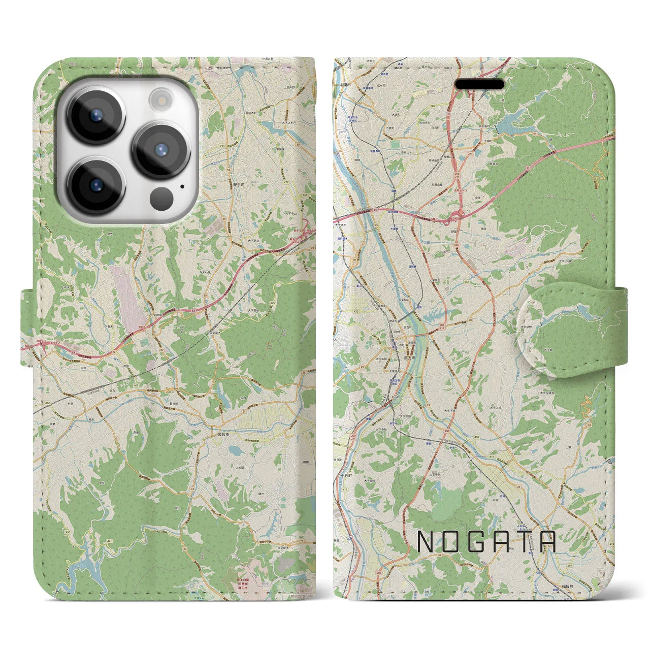 【直方（福岡県）】地図柄iPhoneケース（手帳タイプ）ナチュラル・iPhone 14 Pro 用