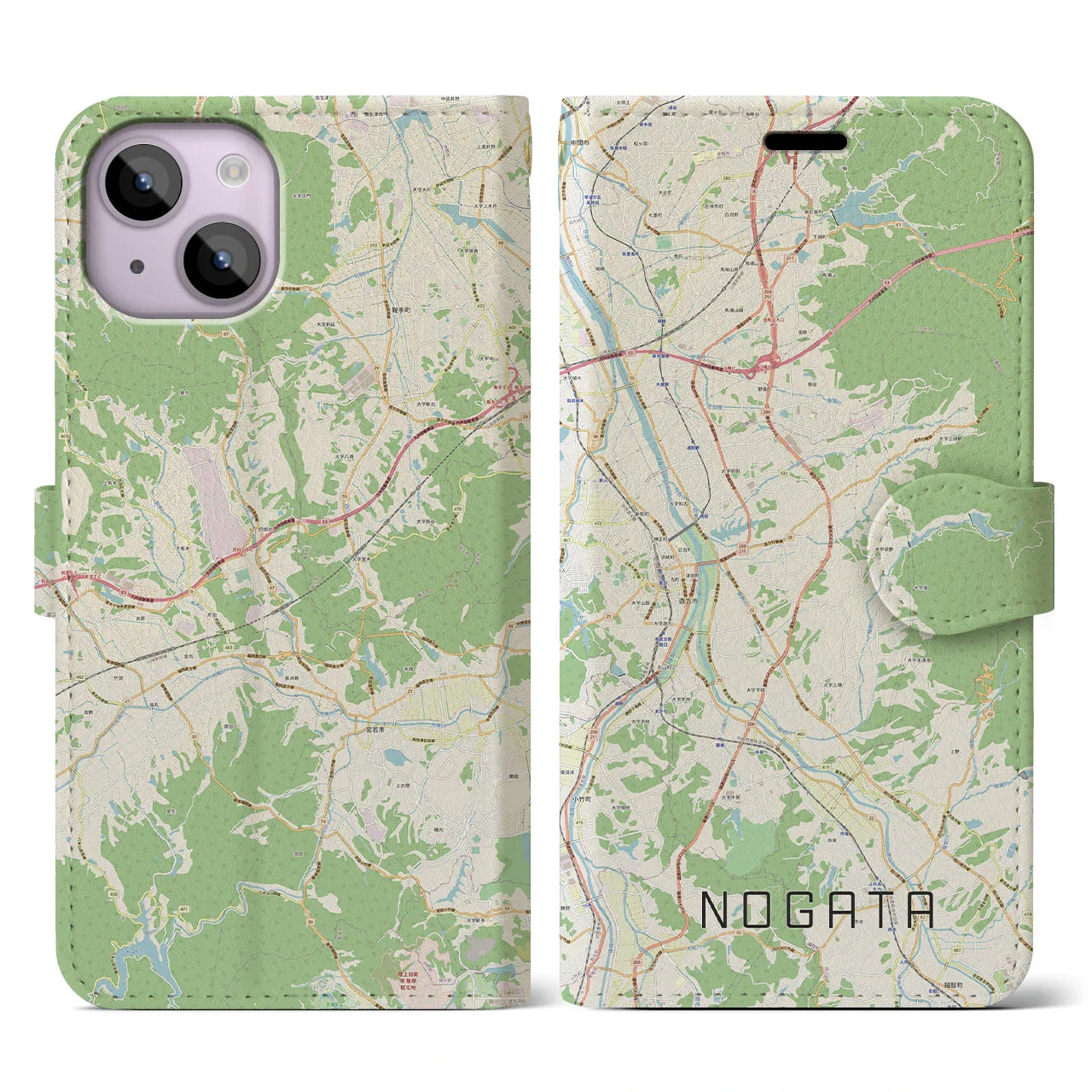 【直方（福岡県）】地図柄iPhoneケース（手帳タイプ）ナチュラル・iPhone 14 用