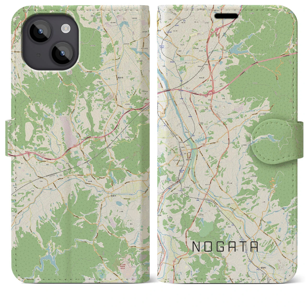 【直方（福岡県）】地図柄iPhoneケース（手帳タイプ）ナチュラル・iPhone 14 Plus 用