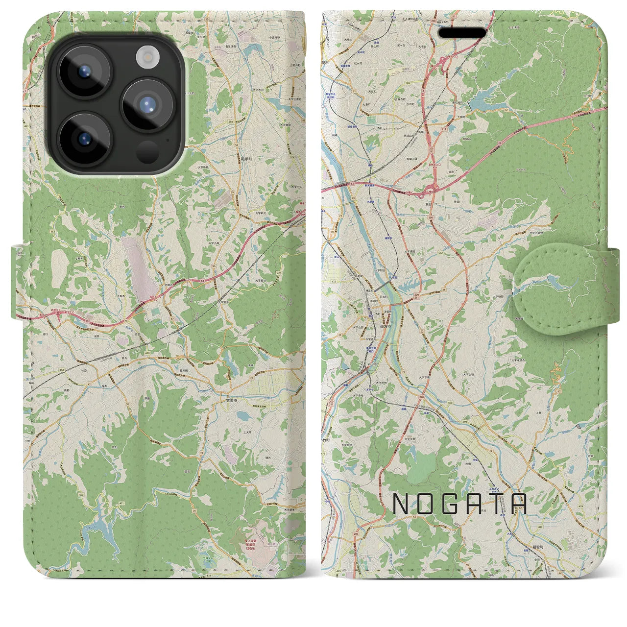 【直方（福岡県）】地図柄iPhoneケース（手帳タイプ）ナチュラル・iPhone 15 Pro Max 用