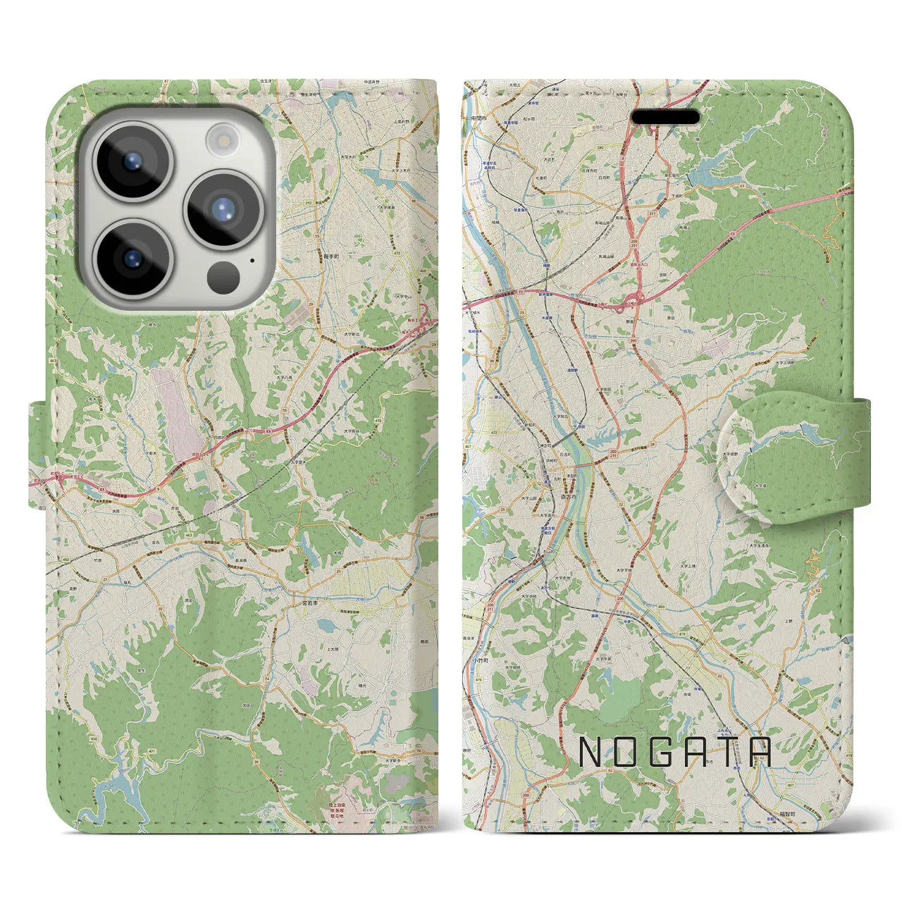 【直方（福岡県）】地図柄iPhoneケース（手帳タイプ）ナチュラル・iPhone 15 Pro 用