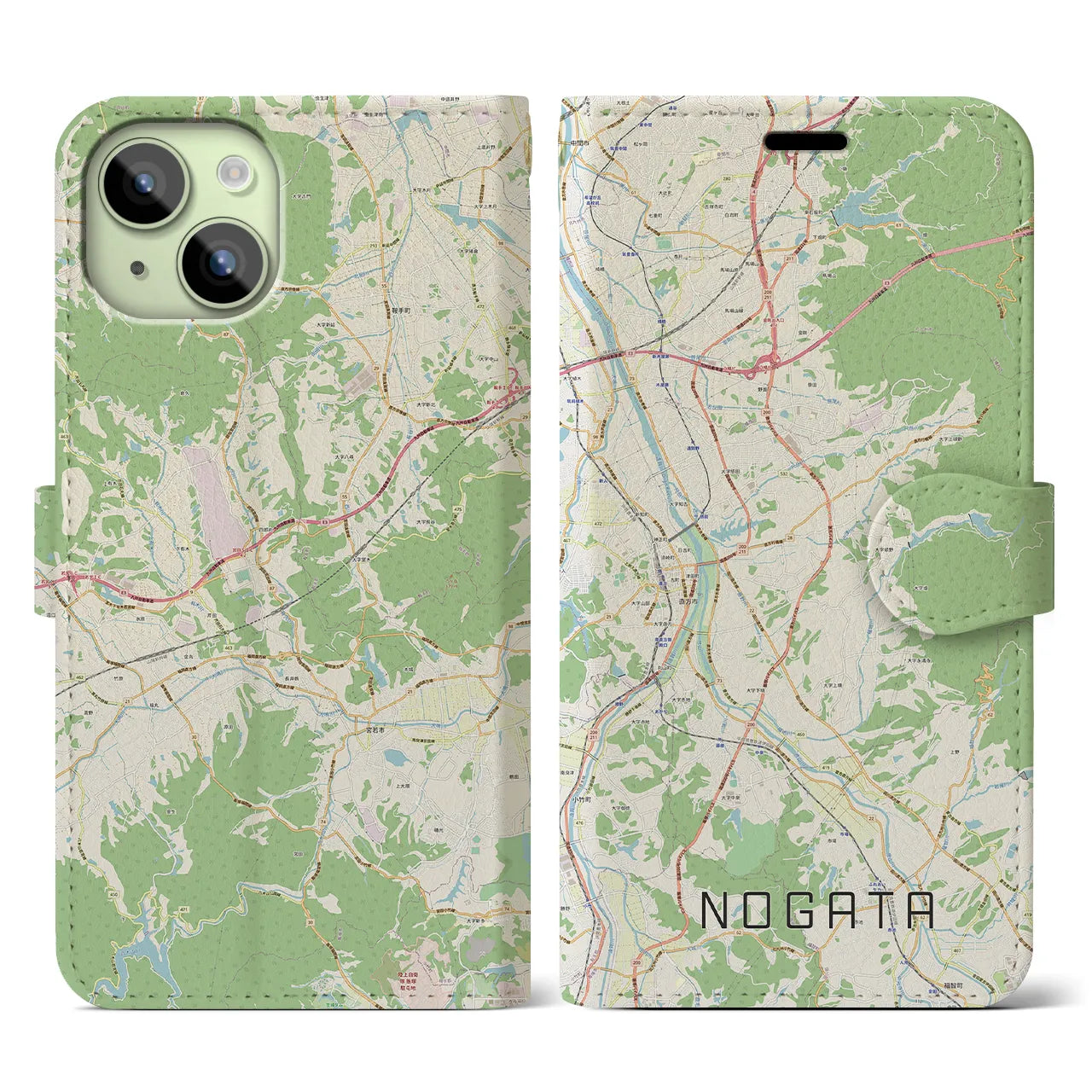 【直方（福岡県）】地図柄iPhoneケース（手帳タイプ）ナチュラル・iPhone 15 用