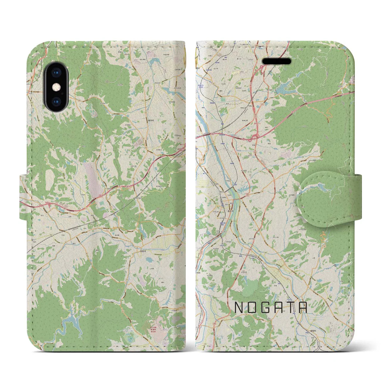 【直方（福岡県）】地図柄iPhoneケース（手帳タイプ）ナチュラル・iPhone XS / X 用