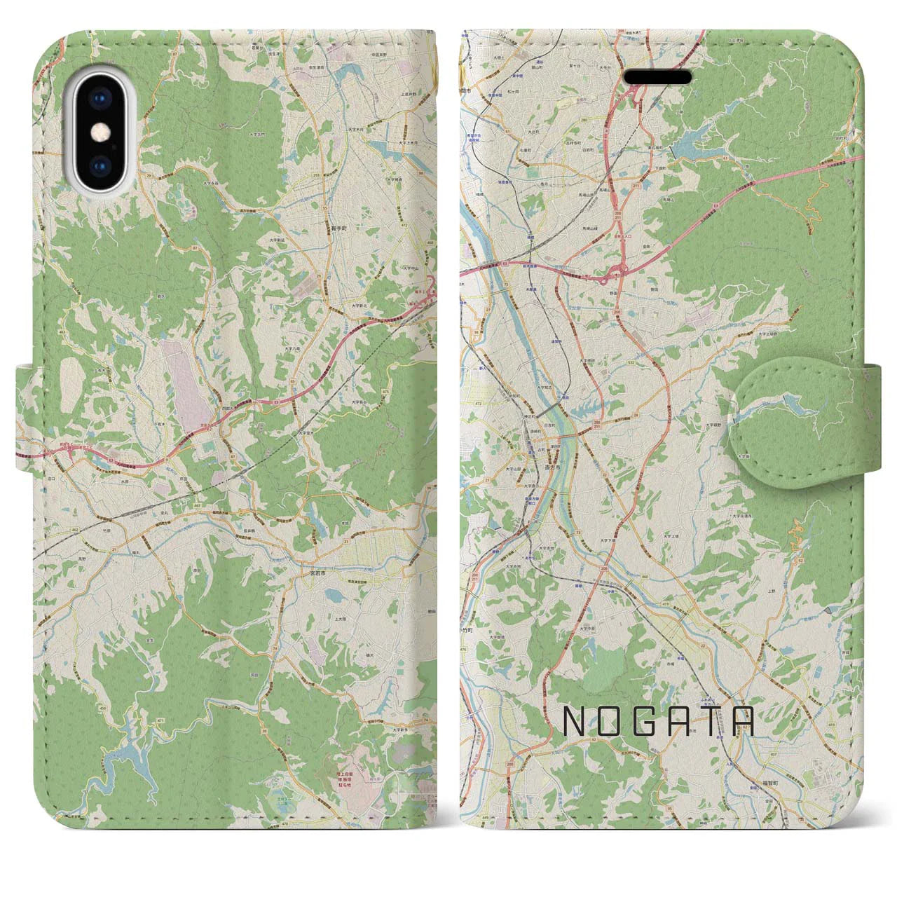 【直方（福岡県）】地図柄iPhoneケース（手帳タイプ）ナチュラル・iPhone XS Max 用