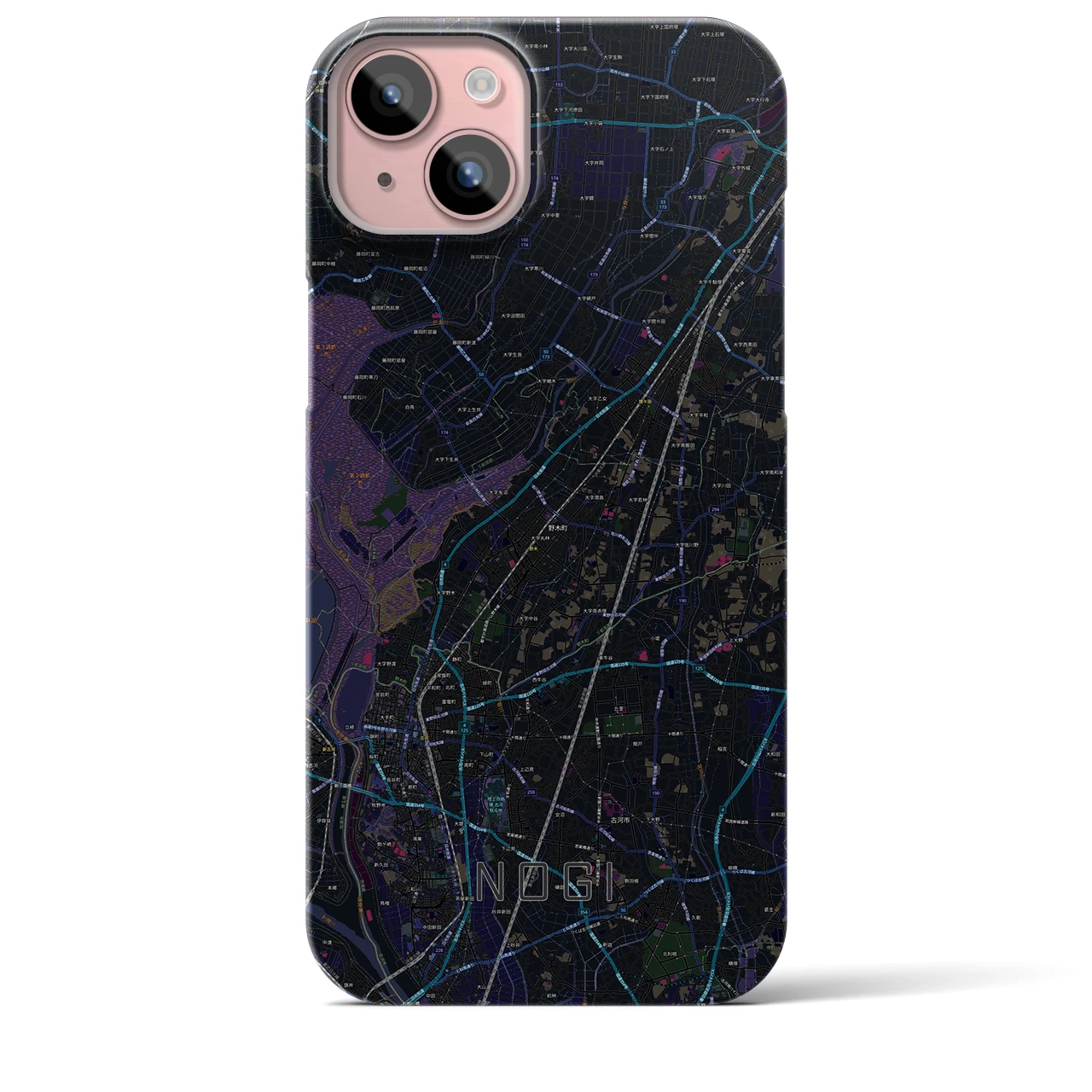 【野木（栃木県）】地図柄iPhoneケース（バックカバータイプ）ブラック・iPhone 15 Plus 用