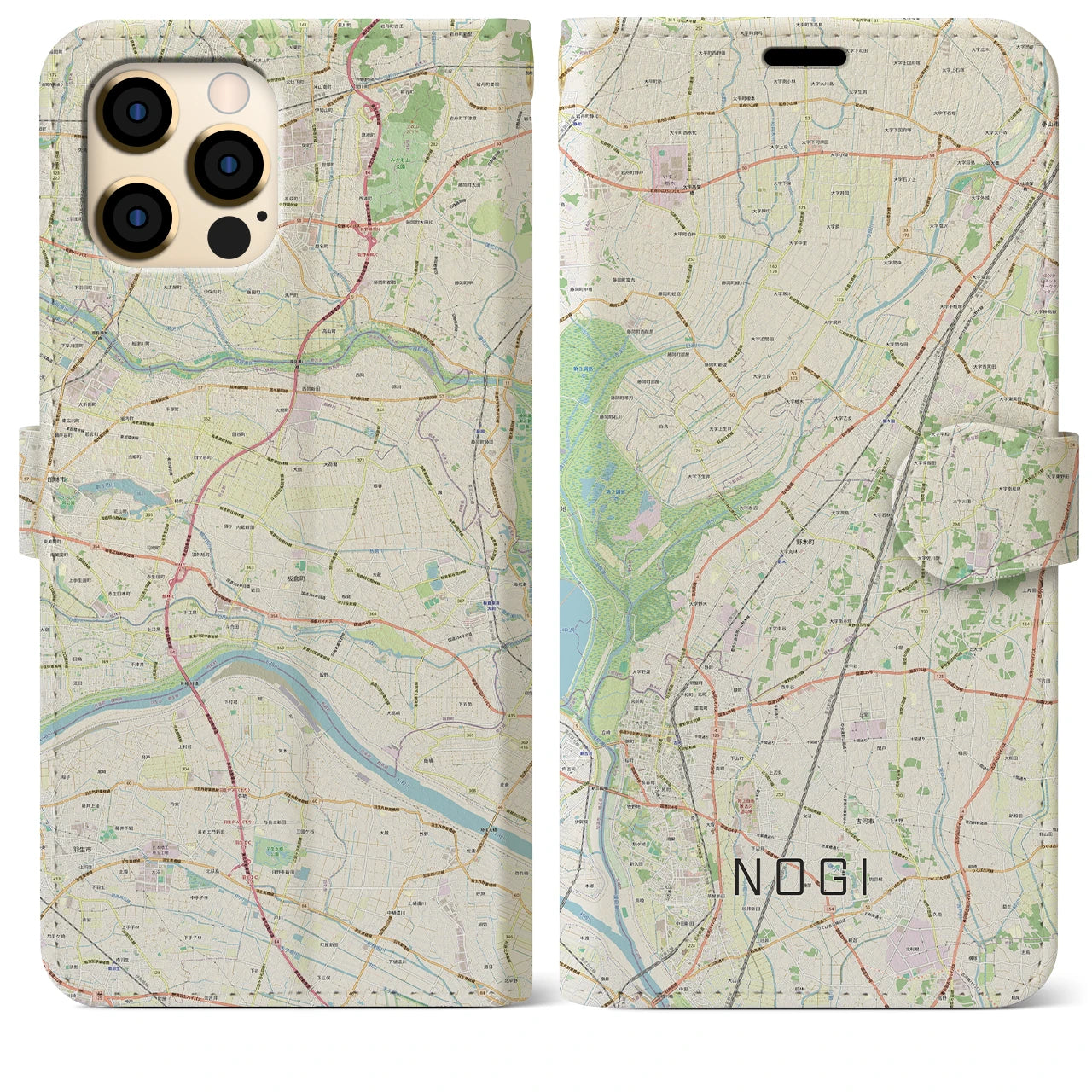 【野木（栃木県）】地図柄iPhoneケース（手帳タイプ）ナチュラル・iPhone 12 Pro Max 用