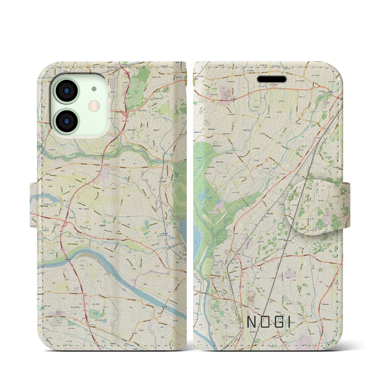 【野木（栃木県）】地図柄iPhoneケース（手帳タイプ）ナチュラル・iPhone 12 mini 用