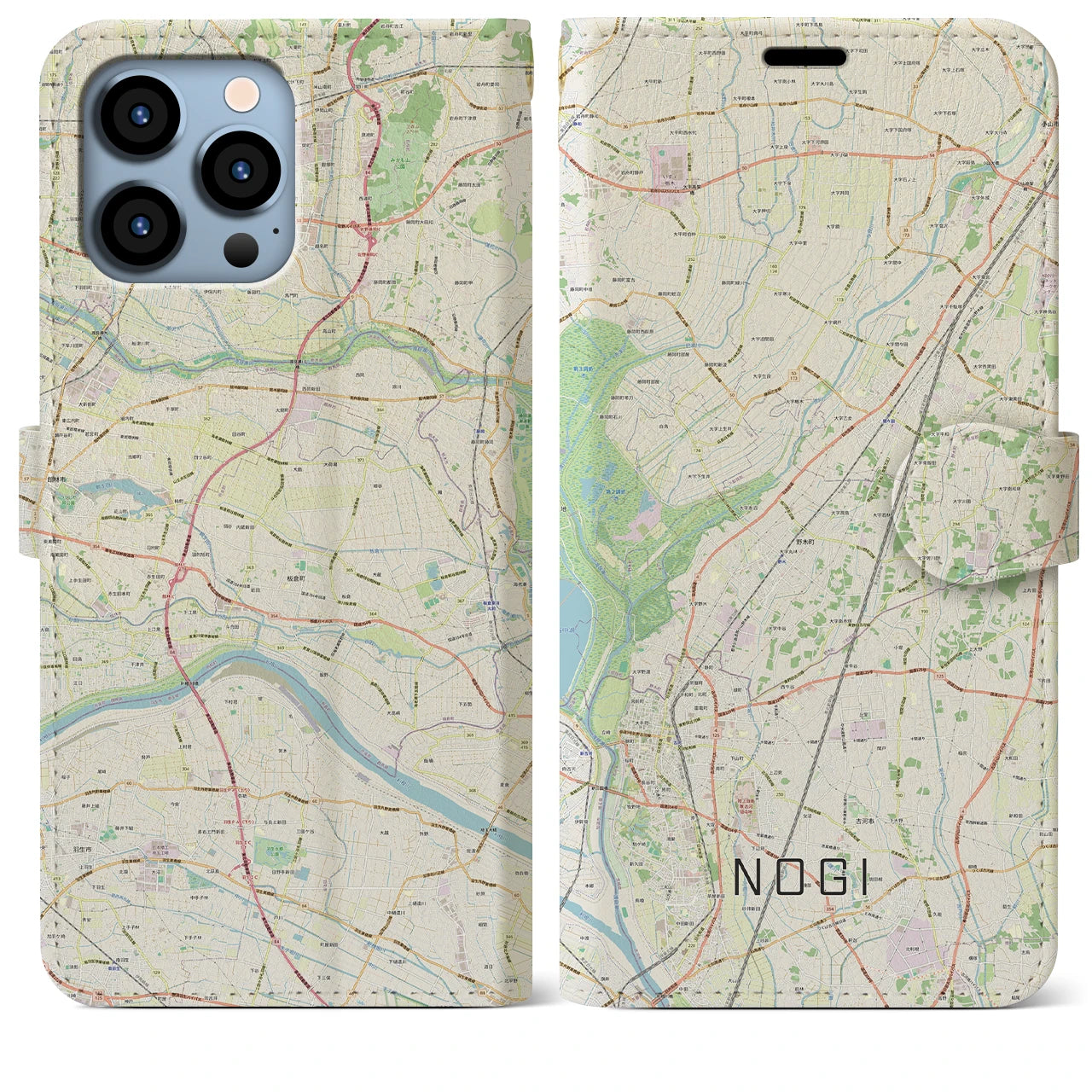 【野木（栃木県）】地図柄iPhoneケース（手帳タイプ）ナチュラル・iPhone 13 Pro Max 用