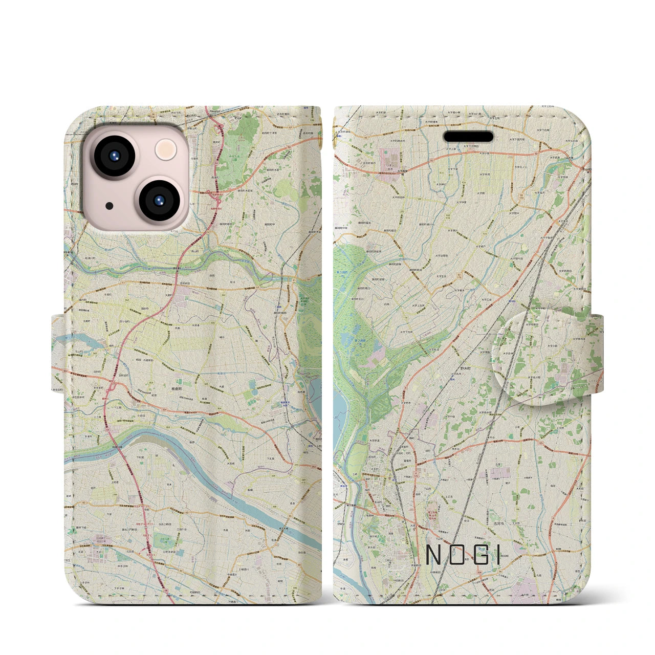 【野木（栃木県）】地図柄iPhoneケース（手帳タイプ）ナチュラル・iPhone 13 mini 用