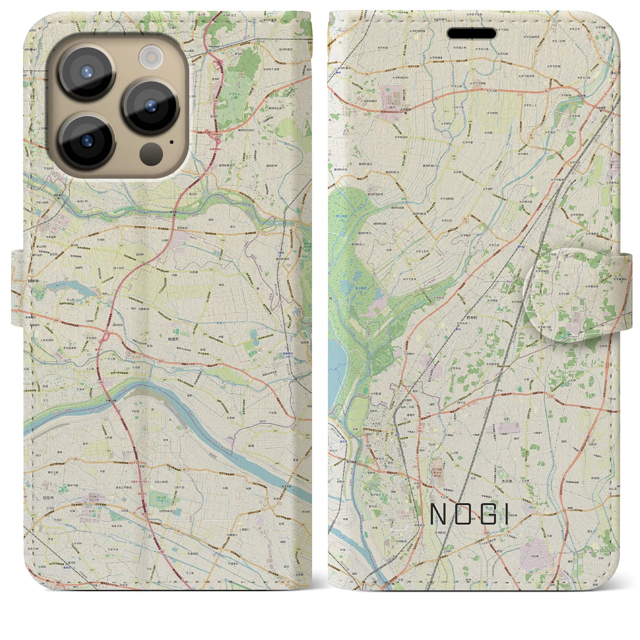 【野木（栃木県）】地図柄iPhoneケース（手帳タイプ）ナチュラル・iPhone 14 Pro Max 用