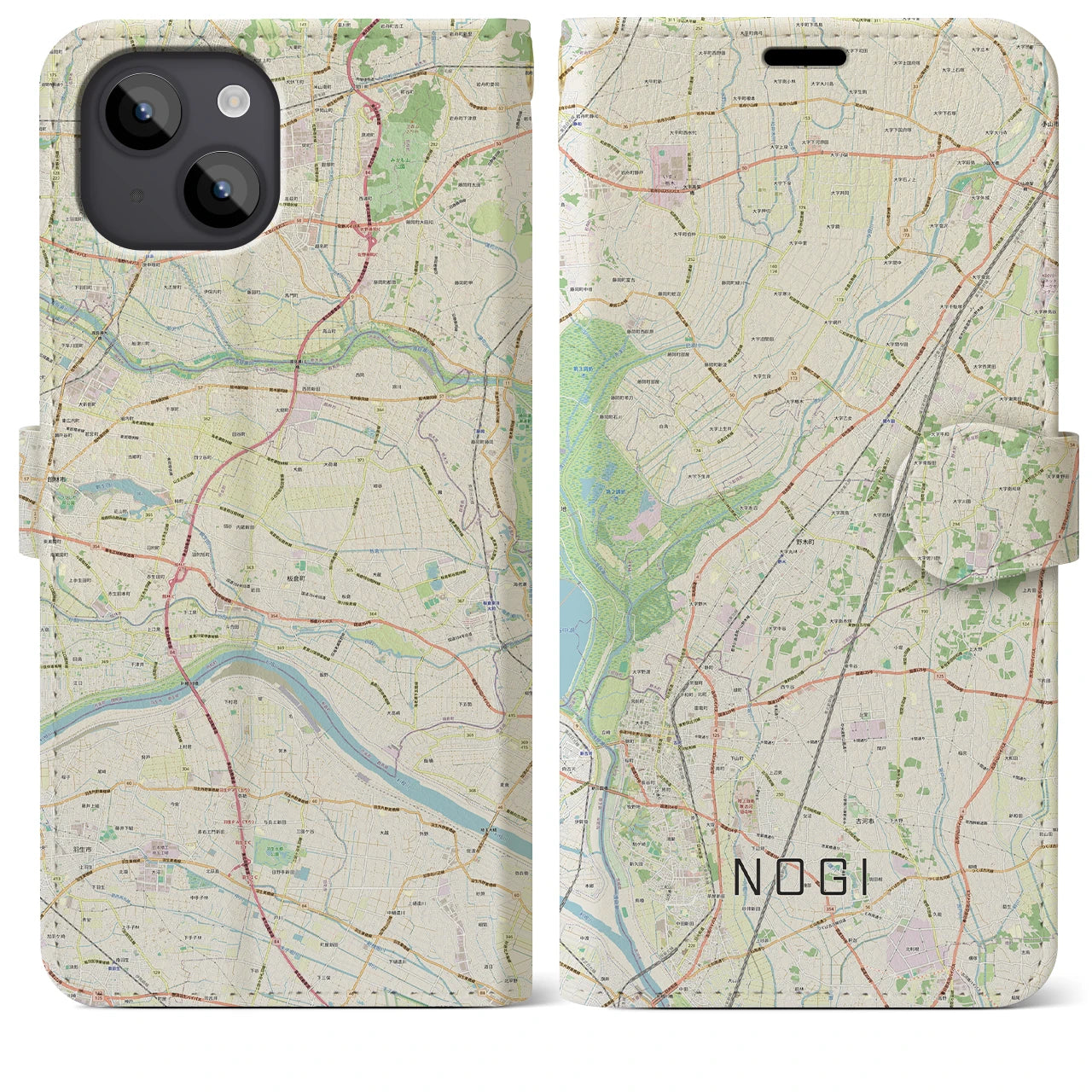 【野木（栃木県）】地図柄iPhoneケース（手帳タイプ）ナチュラル・iPhone 14 Plus 用