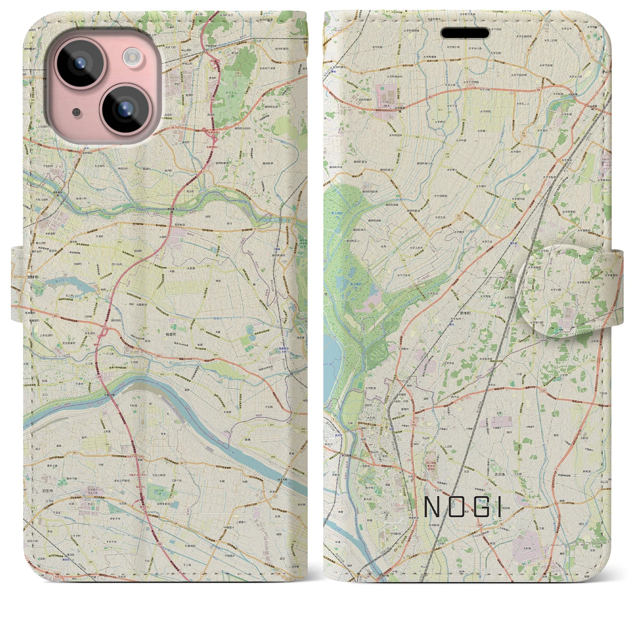 【野木（栃木県）】地図柄iPhoneケース（手帳タイプ）ナチュラル・iPhone 15 Plus 用