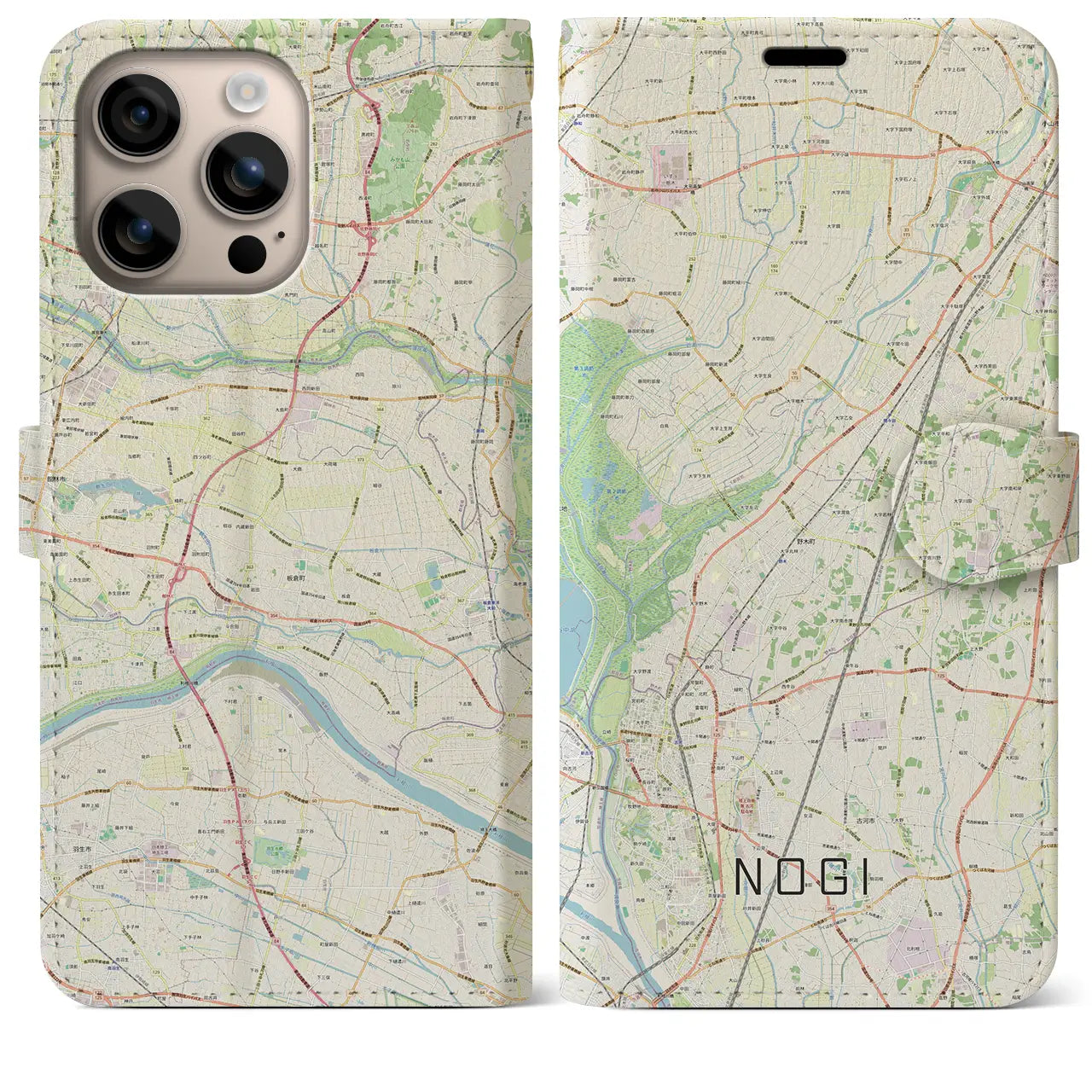 【野木（栃木県）】地図柄iPhoneケース（手帳タイプ）ナチュラル・iPhone 16 Plus 用