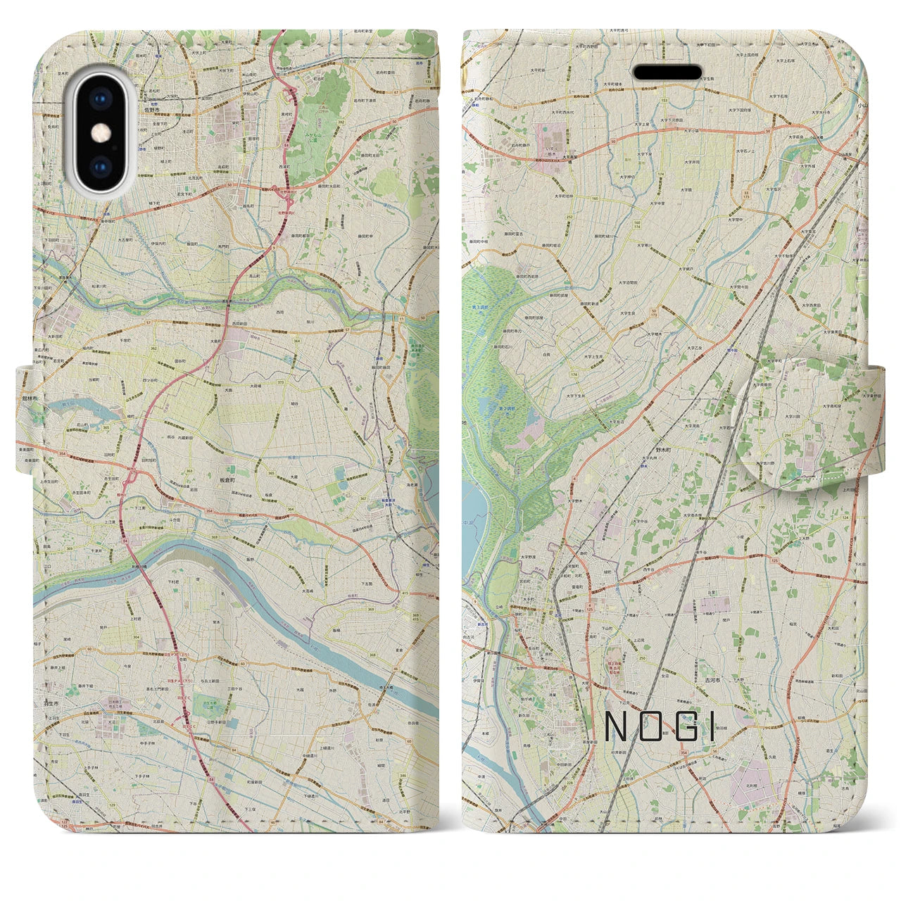 【野木（栃木県）】地図柄iPhoneケース（手帳タイプ）ナチュラル・iPhone XS Max 用