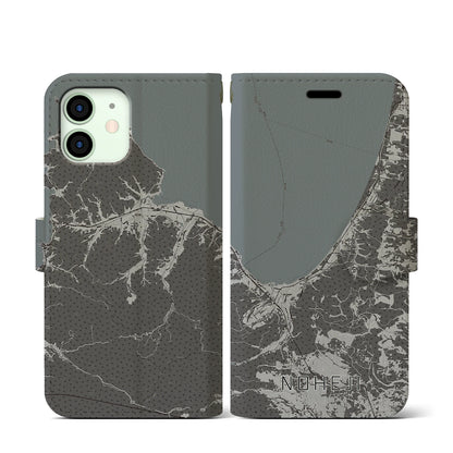 【野辺地（青森県）】地図柄iPhoneケース（手帳タイプ）モノトーン・iPhone 12 mini 用