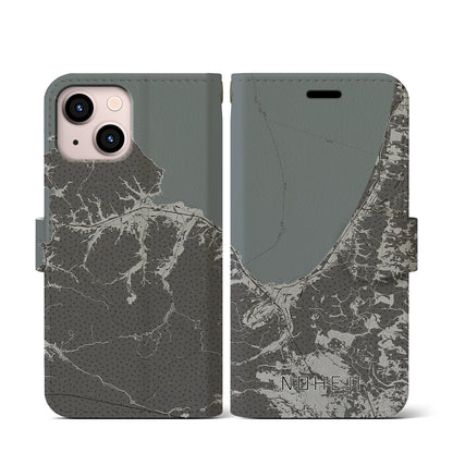 【野辺地（青森県）】地図柄iPhoneケース（手帳タイプ）モノトーン・iPhone 13 mini 用