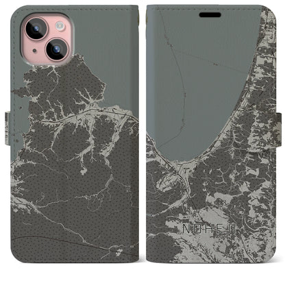 【野辺地（青森県）】地図柄iPhoneケース（手帳タイプ）モノトーン・iPhone 15 Plus 用