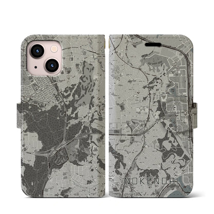 【能見台（神奈川県）】地図柄iPhoneケース（手帳タイプ）モノトーン・iPhone 13 mini 用