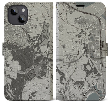 【能見台（神奈川県）】地図柄iPhoneケース（手帳タイプ）モノトーン・iPhone 14 Plus 用