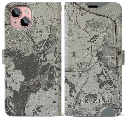 【能見台（神奈川県）】地図柄iPhoneケース（手帳タイプ）モノトーン・iPhone 15 Plus 用