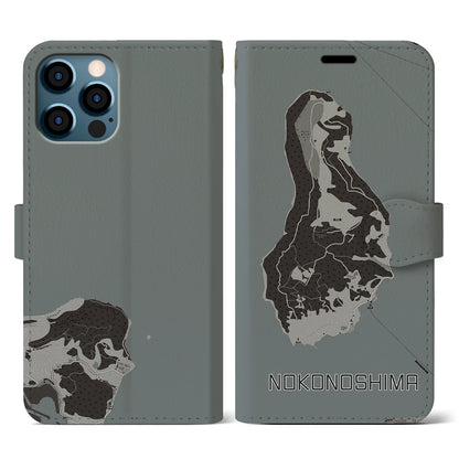 【能古島（福岡県）】地図柄iPhoneケース（手帳タイプ）モノトーン・iPhone 12 / 12 Pro 用