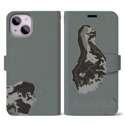 【能古島（福岡県）】地図柄iPhoneケース（手帳タイプ）モノトーン・iPhone 14 用