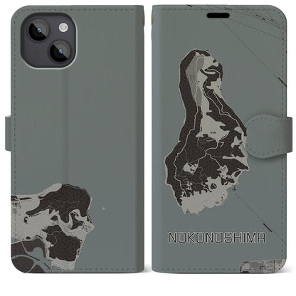 【能古島（福岡県）】地図柄iPhoneケース（手帳タイプ）モノトーン・iPhone 14 Plus 用