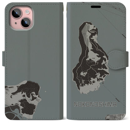 【能古島（福岡県）】地図柄iPhoneケース（手帳タイプ）モノトーン・iPhone 15 Plus 用