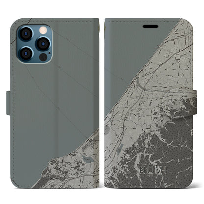 【能美（石川県）】地図柄iPhoneケース（手帳タイプ）モノトーン・iPhone 12 / 12 Pro 用