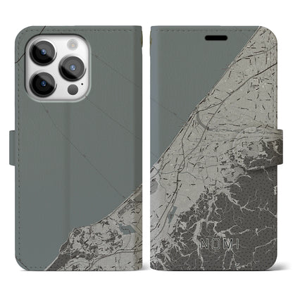 【能美（石川県）】地図柄iPhoneケース（手帳タイプ）モノトーン・iPhone 14 Pro 用