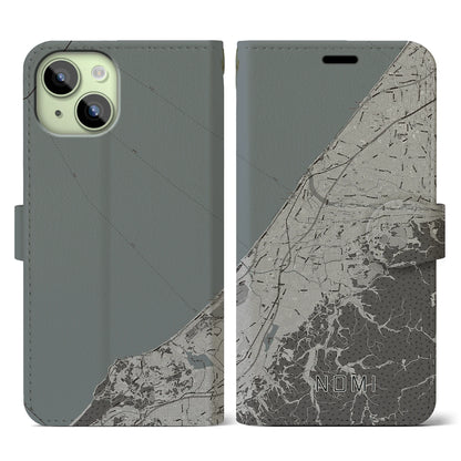 【能美（石川県）】地図柄iPhoneケース（手帳タイプ）モノトーン・iPhone 15 用